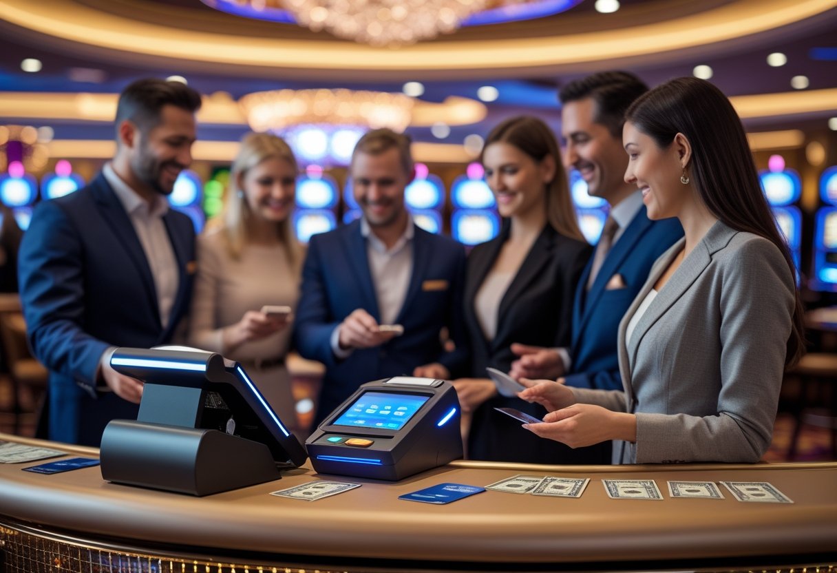People making payments at a casino counter with credit cards and cash, surrounded by slot machines and gaming tables.