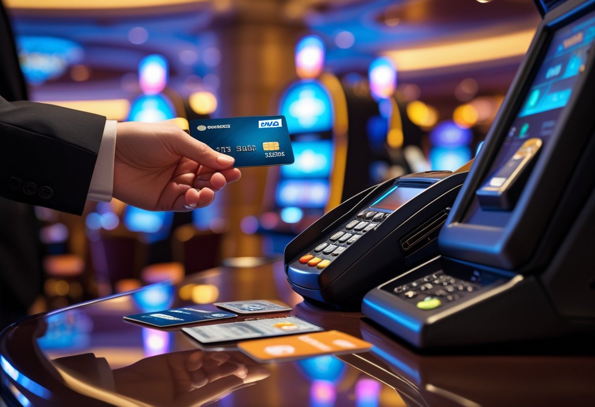 A close-up of a hand holding a credit card near a card reader at a casino cashier counter with debit and prepaid cards nearby.