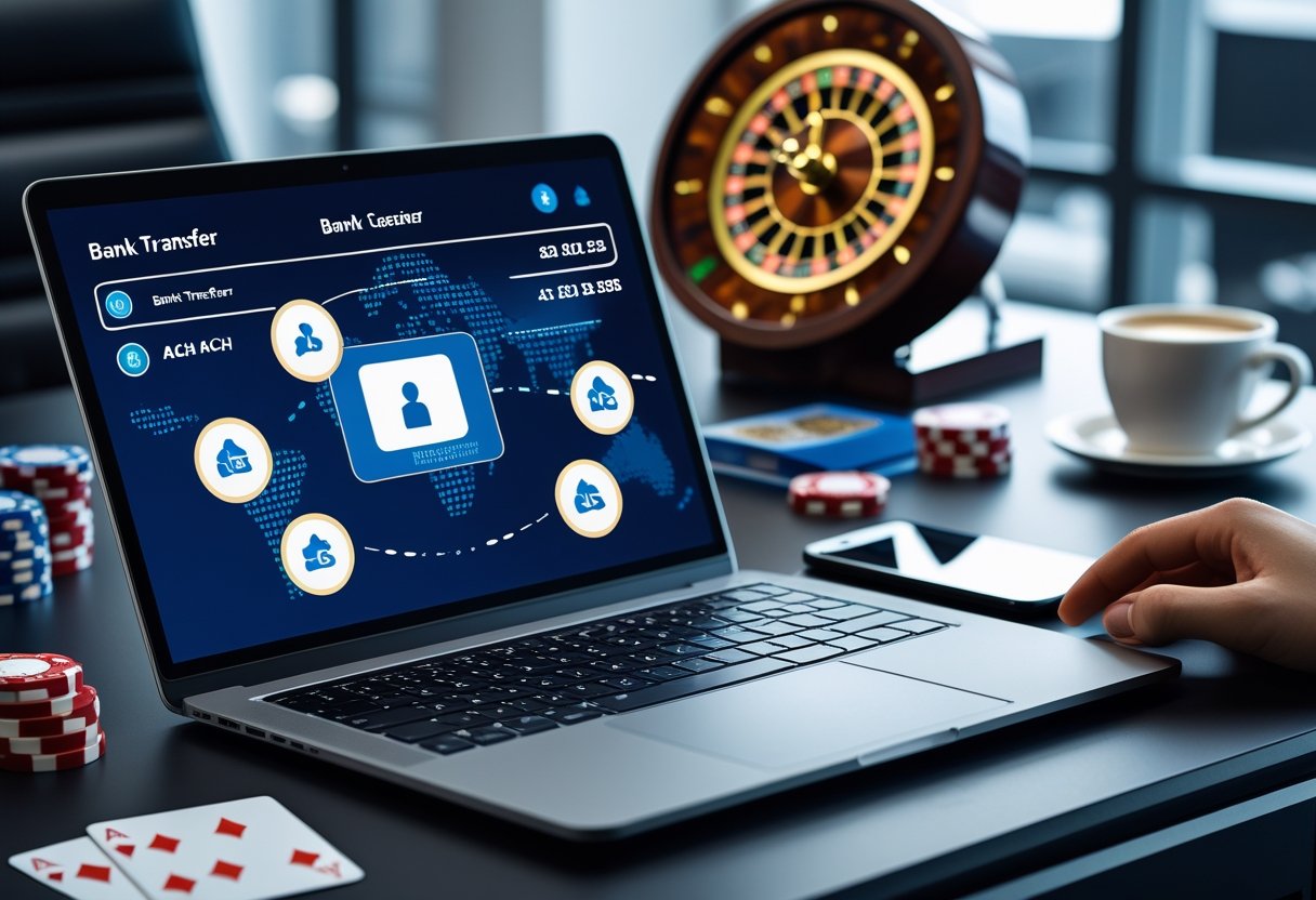 A laptop on a desk showing a digital banking interface surrounded by poker chips, playing cards, a roulette wheel, a smartphone with a banking app, and a credit card.