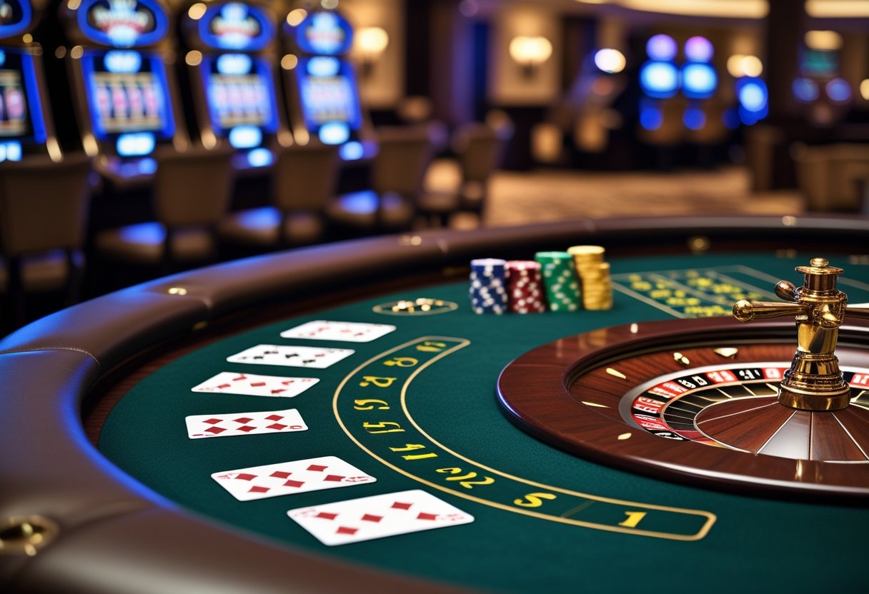 A casino gaming table showing blackjack cards, poker chips, and a roulette wheel with a ball on a number.