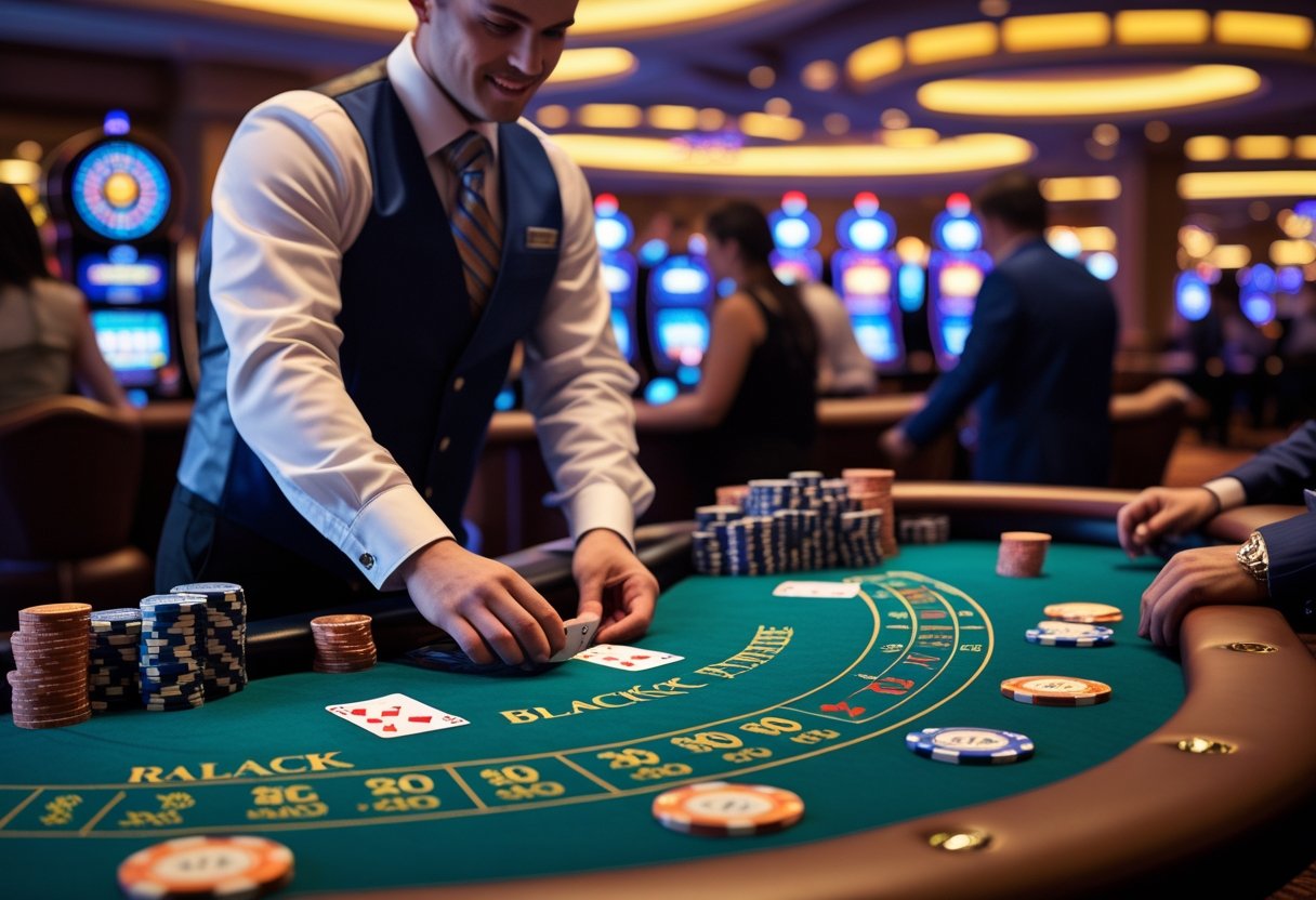 A group of people playing blackjack at a casino table with a dealer dealing cards, surrounded by casino gaming elements.