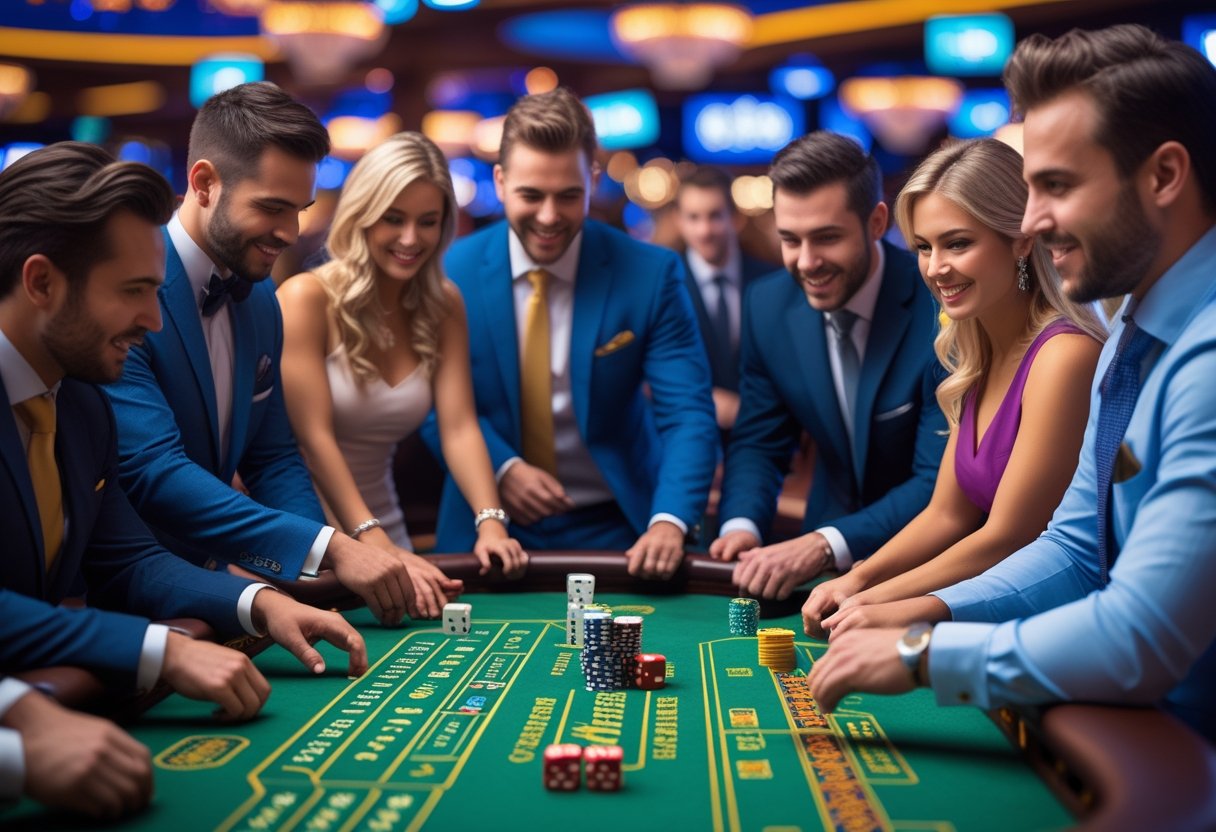 A group of people playing craps at a casino table with dice rolling and chips stacked, surrounded by casino lights and other game tables.