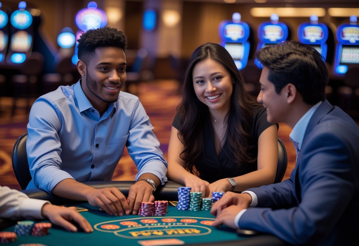 A young man and woman at a poker table receiving guidance from a dealer in a casino with slot machines in the background.