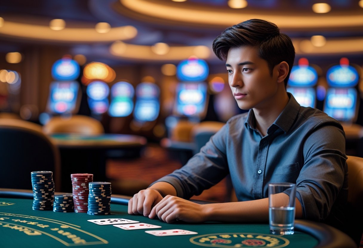A young adult sitting at a casino table with poker chips and playing cards, appearing calm and focused while managing their money responsibly.