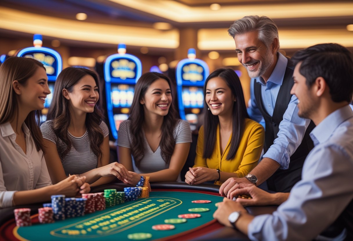 A group of people happily playing casino games at a table with a dealer explaining the rules in a bright casino.