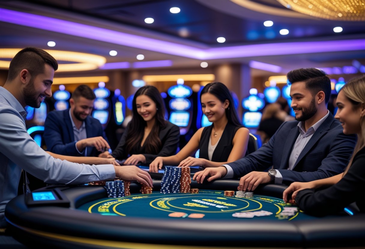 People playing skill-based casino games in a modern casino setting with electronic machines and card tables.