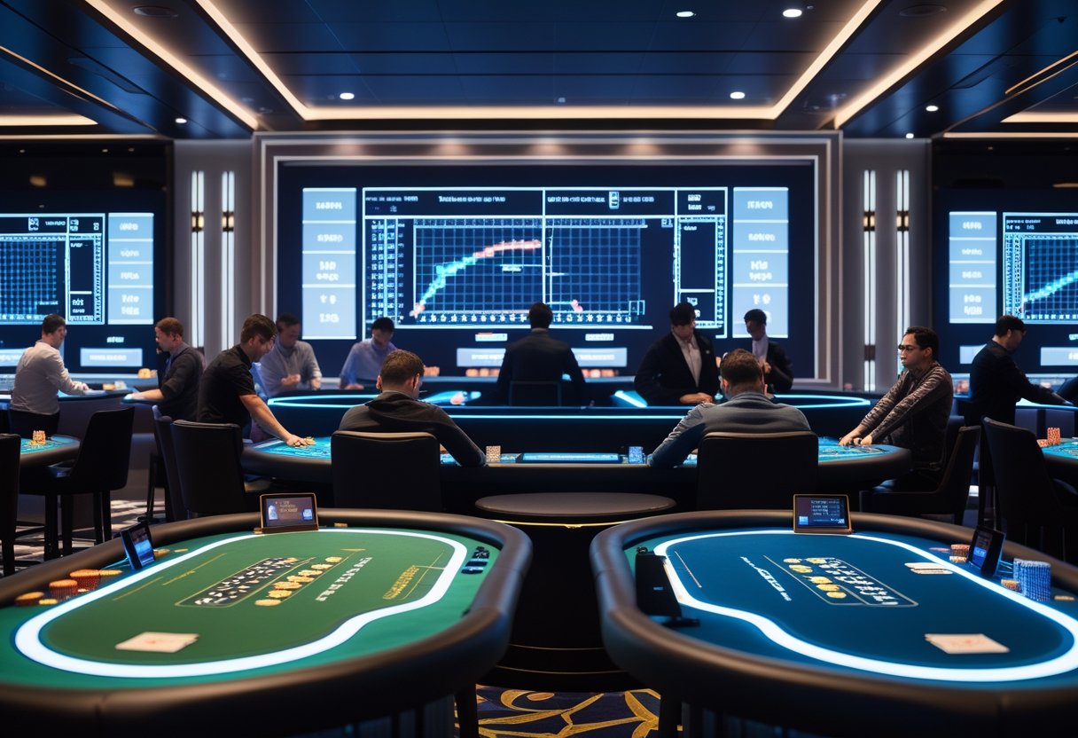 Players focused on skill-based casino games around gaming tables with digital displays showing charts and symbols in a modern casino setting.