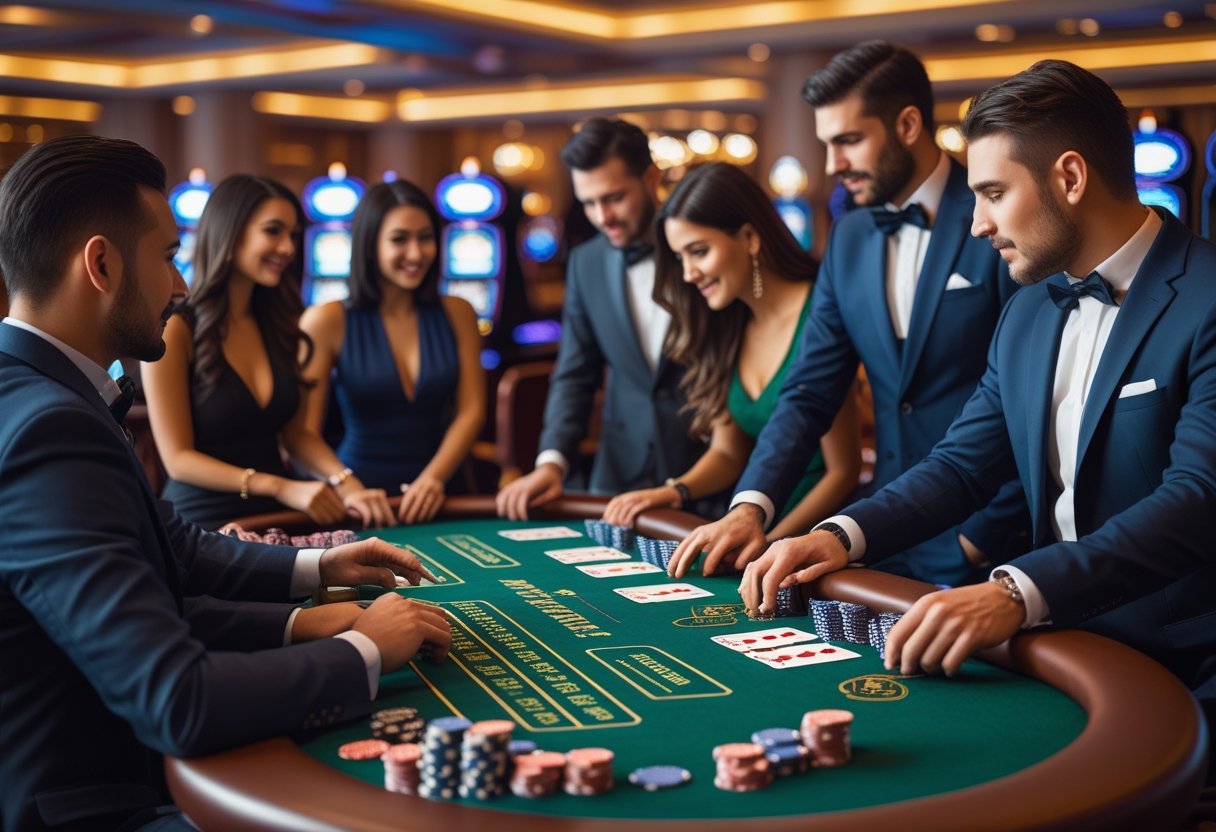 A group of people playing blackjack at a casino table with cards and chips, while a dealer manages the game.