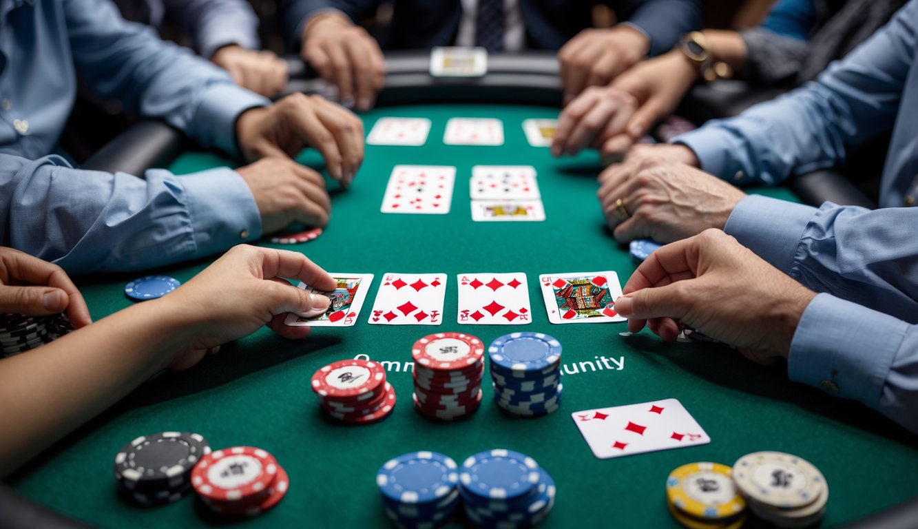 Meja poker dengan lima kartu komunitas di tengah dan beberapa pemain memegang kartu serta tumpukan chip.