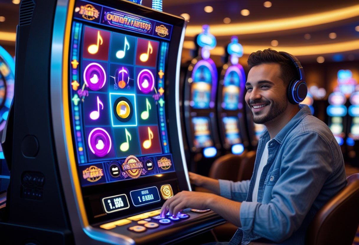 A person playing a music-themed slot machine