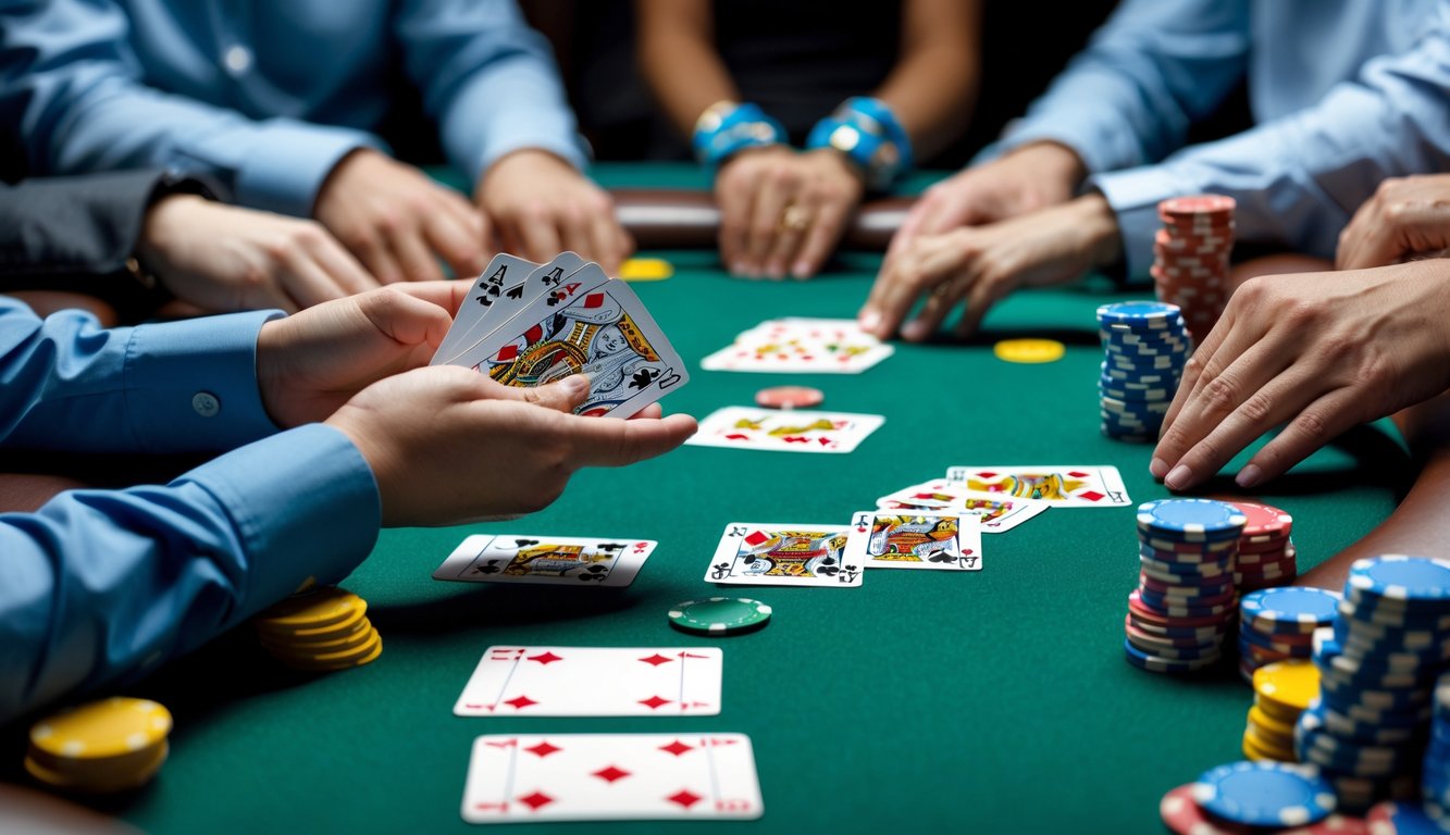 Meja poker dengan kartu dan tumpukan chip selama permainan Five Card Omaha.
