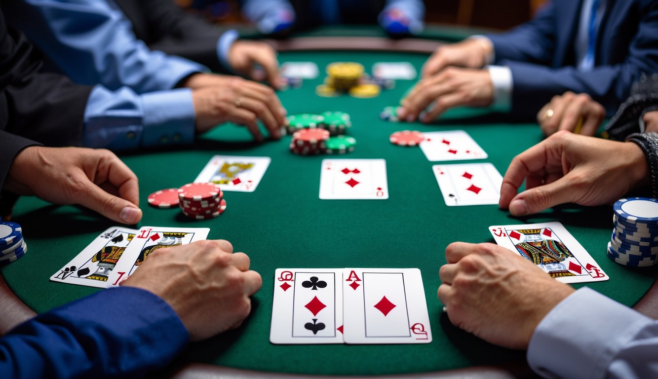 Tangan pemain memegang lima kartu poker di atas meja hijau dengan tumpukan chip di sekitarnya.