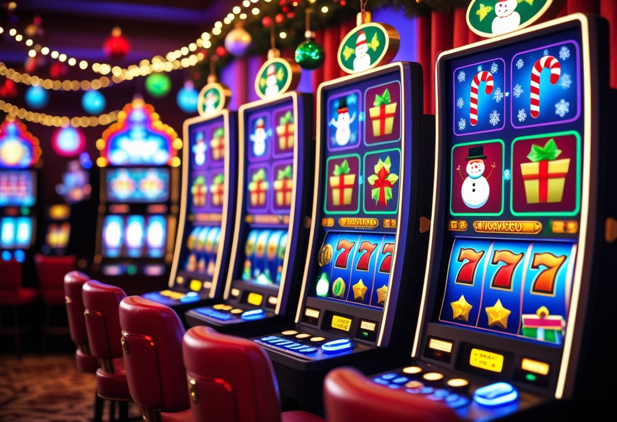 A cozy room with glowing holiday-themed slot machines