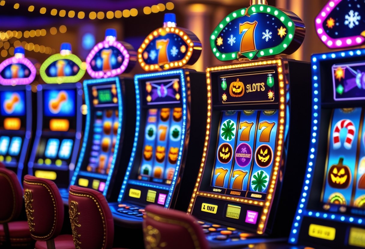 A lively casino floor with multiple slot machines decorated for various holidays