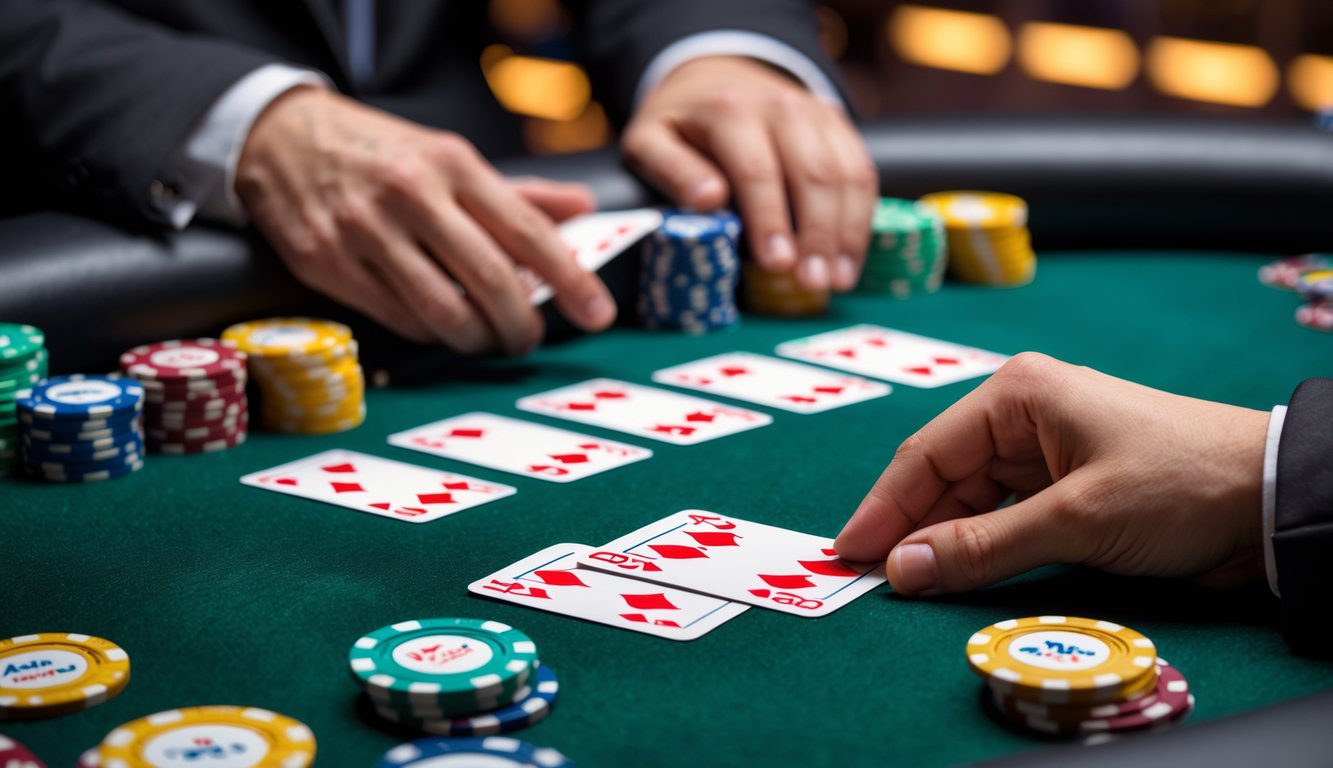 Meja poker dengan kartu dan chip warna-warni, tangan pemain memegang kartu, suasana kasino yang hangat dan fokus.