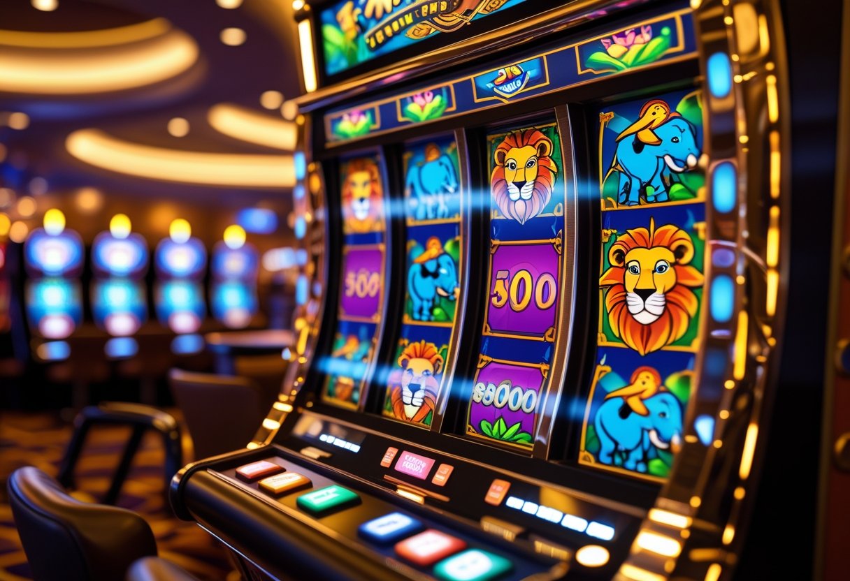 A casino slot machine featuring colorful animal symbols