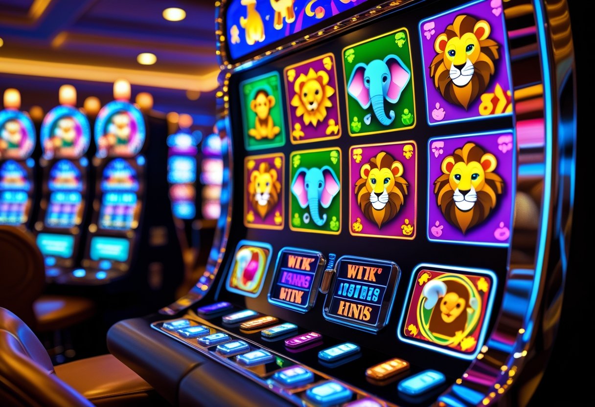 A colorful slot machine with animal symbols