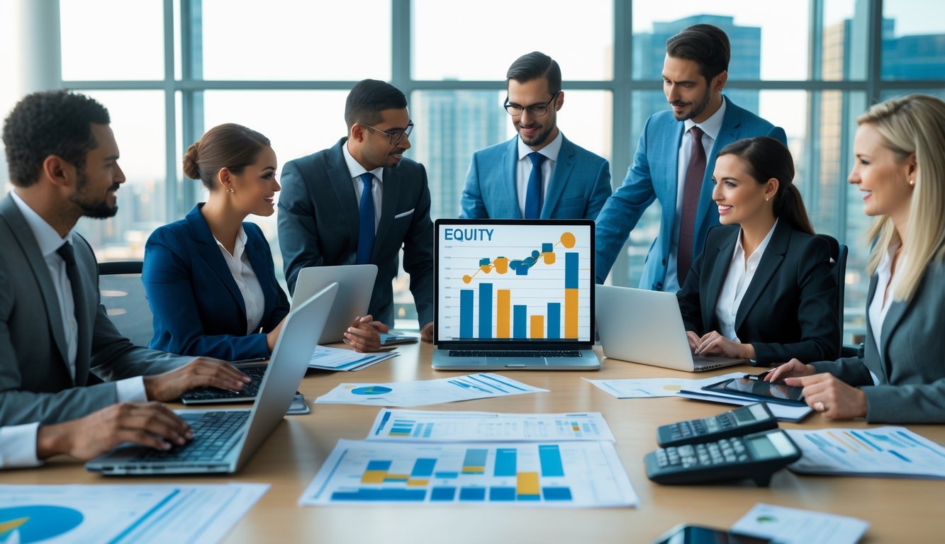 Sekelompok profesional sedang menghitung ekuitas di ruang kantor modern dengan dokumen dan laptop.