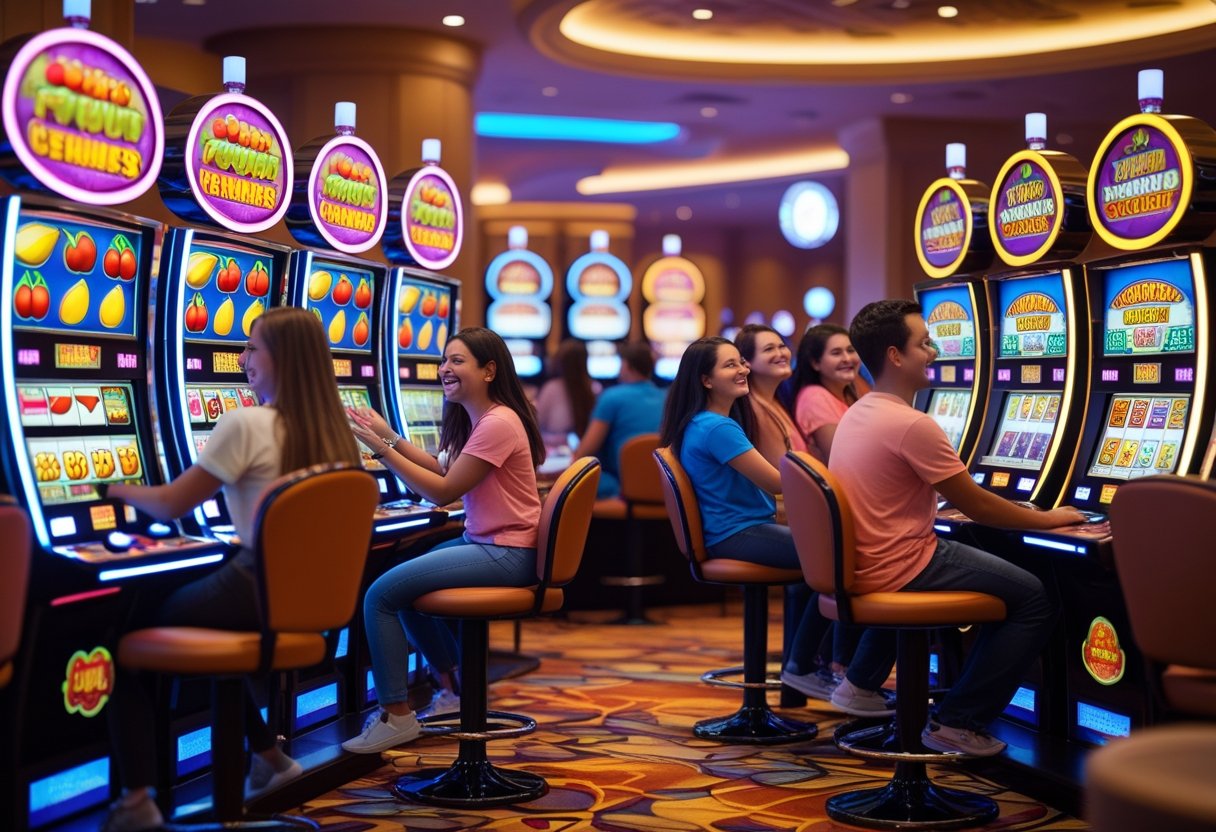 people enjoying colorful fruit-themed slot machines