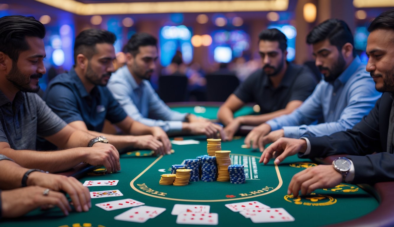 Beberapa pemain duduk mengelilingi meja poker hijau sedang bermain Pot Limit Omaha dengan tumpukan chip dan kartu di depan mereka.