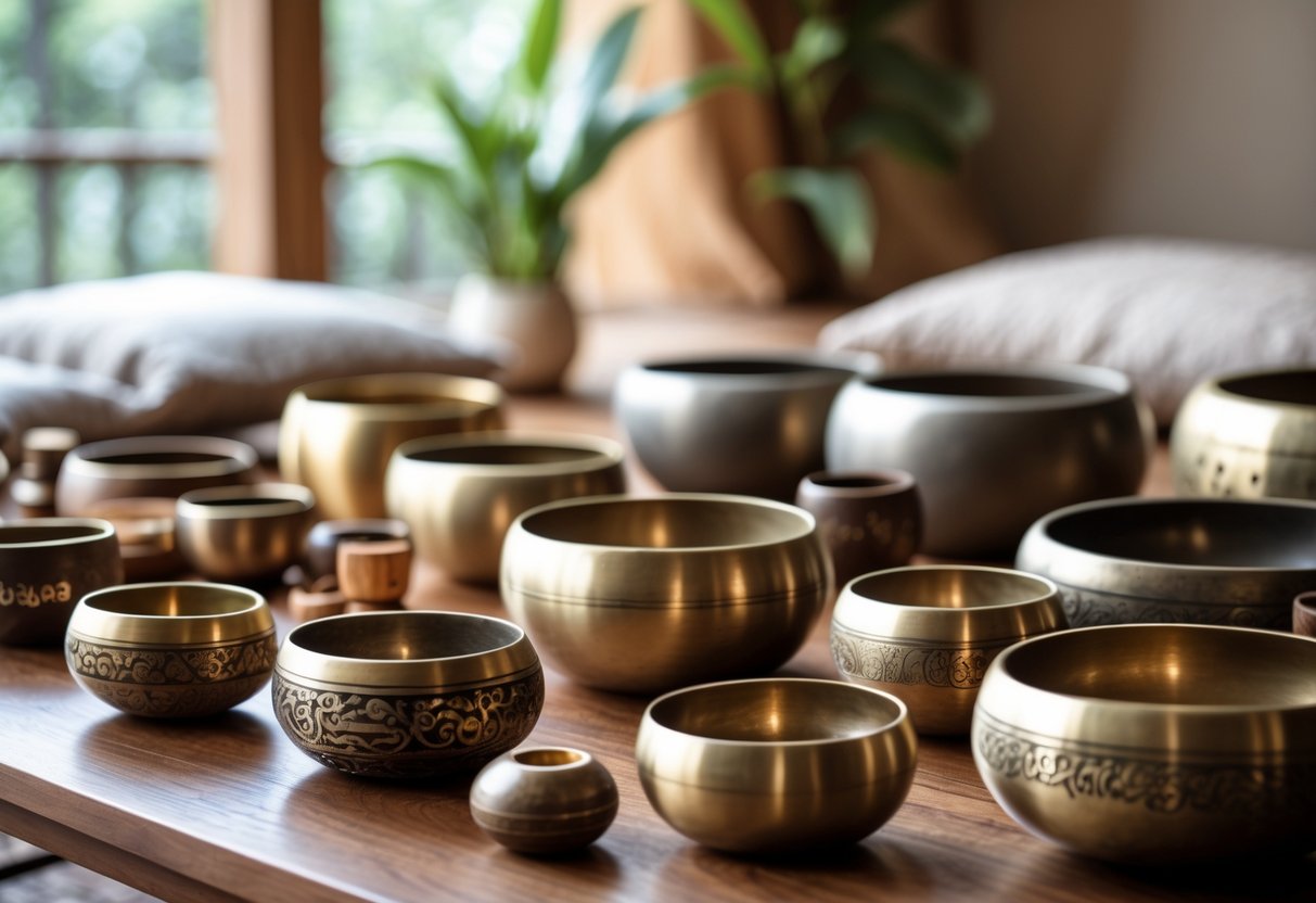 Mehrere traditionelle Klangschalen unterschiedlicher Grรถรe und Farbe auf einem Holztisch vor einem ruhigen Meditationsbereich.
