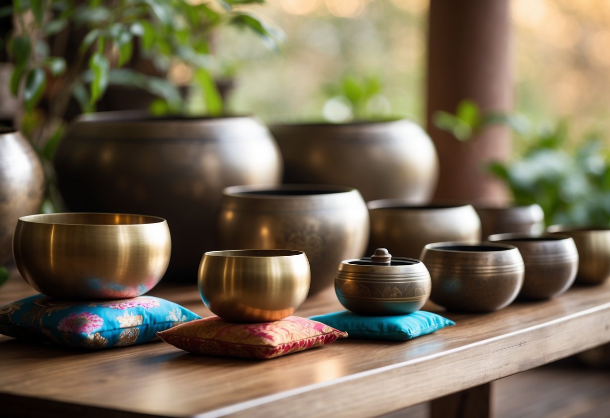 Verschiedene Klangschalen unterschiedlicher Grรถรe auf einem Holztisch, umgeben von einem ruhigen, natรผrlichen Hintergrund.