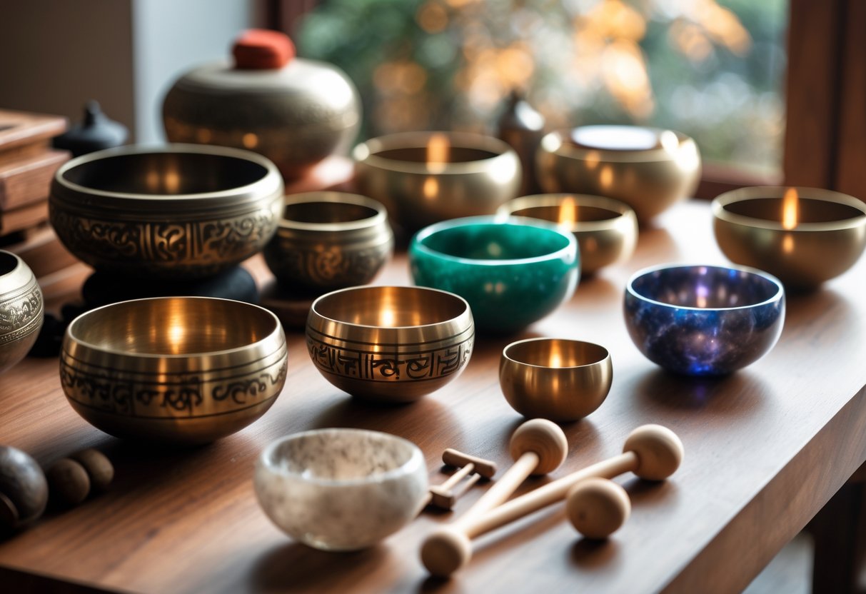 Verschiedene Klangschalen aus Metall und Kristall auf einem Holztisch arrangiert.