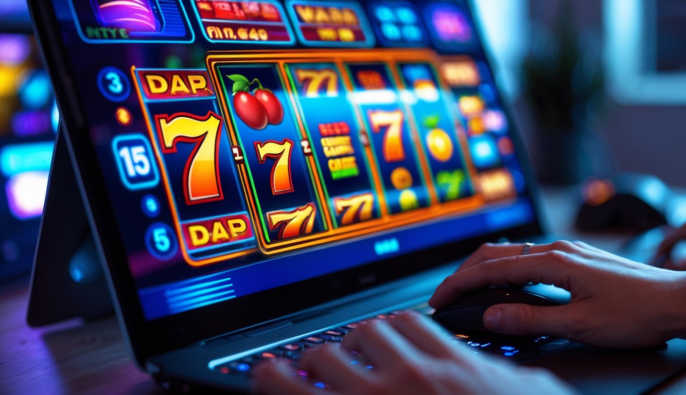 Tampilan layar komputer dengan permainan mesin slot online yang berwarna-warni dan tangan yang menggunakan mouse di meja kerja.