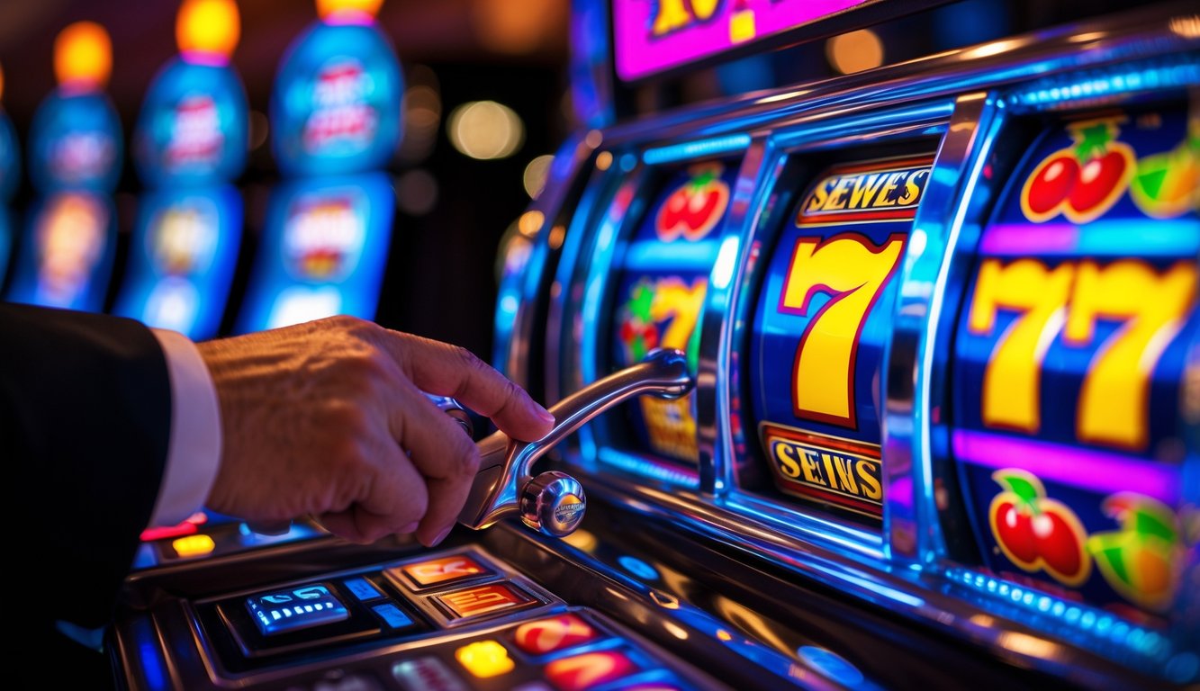 Mesin slot kasino dengan gulungan berputar dan tangan pemain siap menekan tombol.