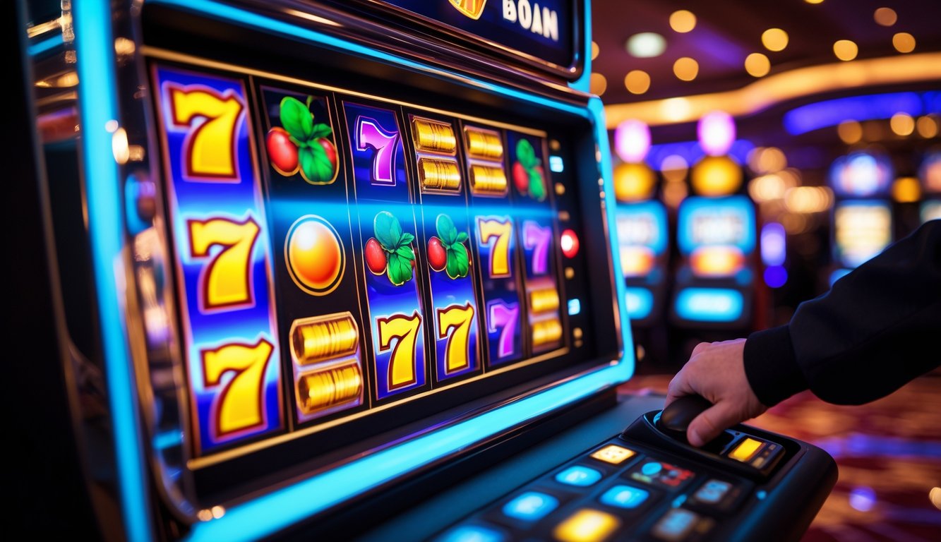 Mesin slot berwarna cerah dengan simbol berputar di kasino yang hidup dan terang.