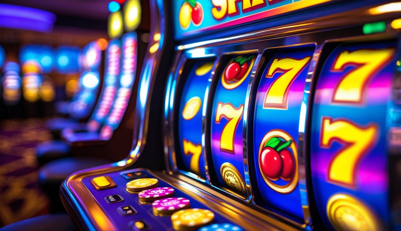 Mesin slot berwarna-warni dengan gulungan yang berputar di lingkungan kasino yang remang-remang.