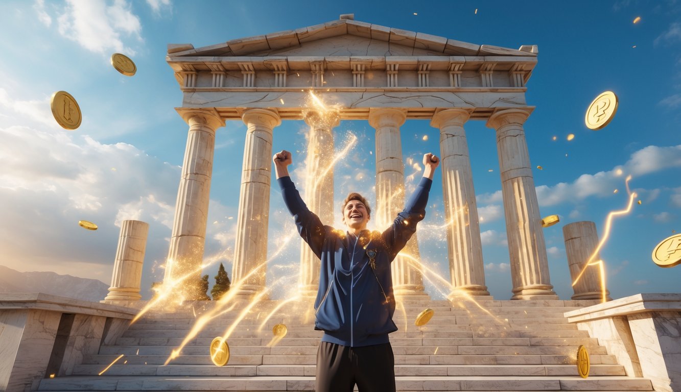 Seorang pemain merayakan kemenangan di depan kuil Yunani kuno dengan simbol-simbol mitos dan cahaya keemasan di sekitarnya.