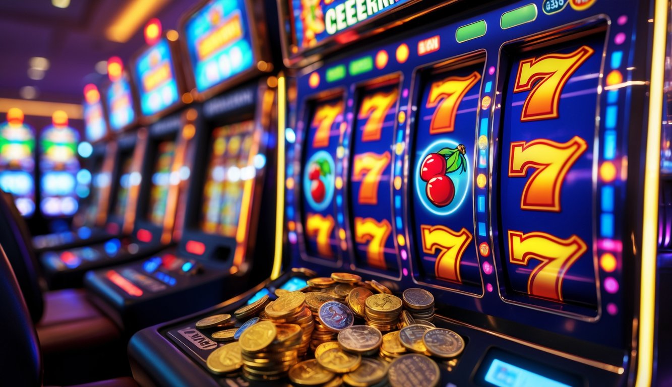 Mesin slot dengan simbol kemenangan dan koin yang tumpah menunjukkan jackpot di kasino.