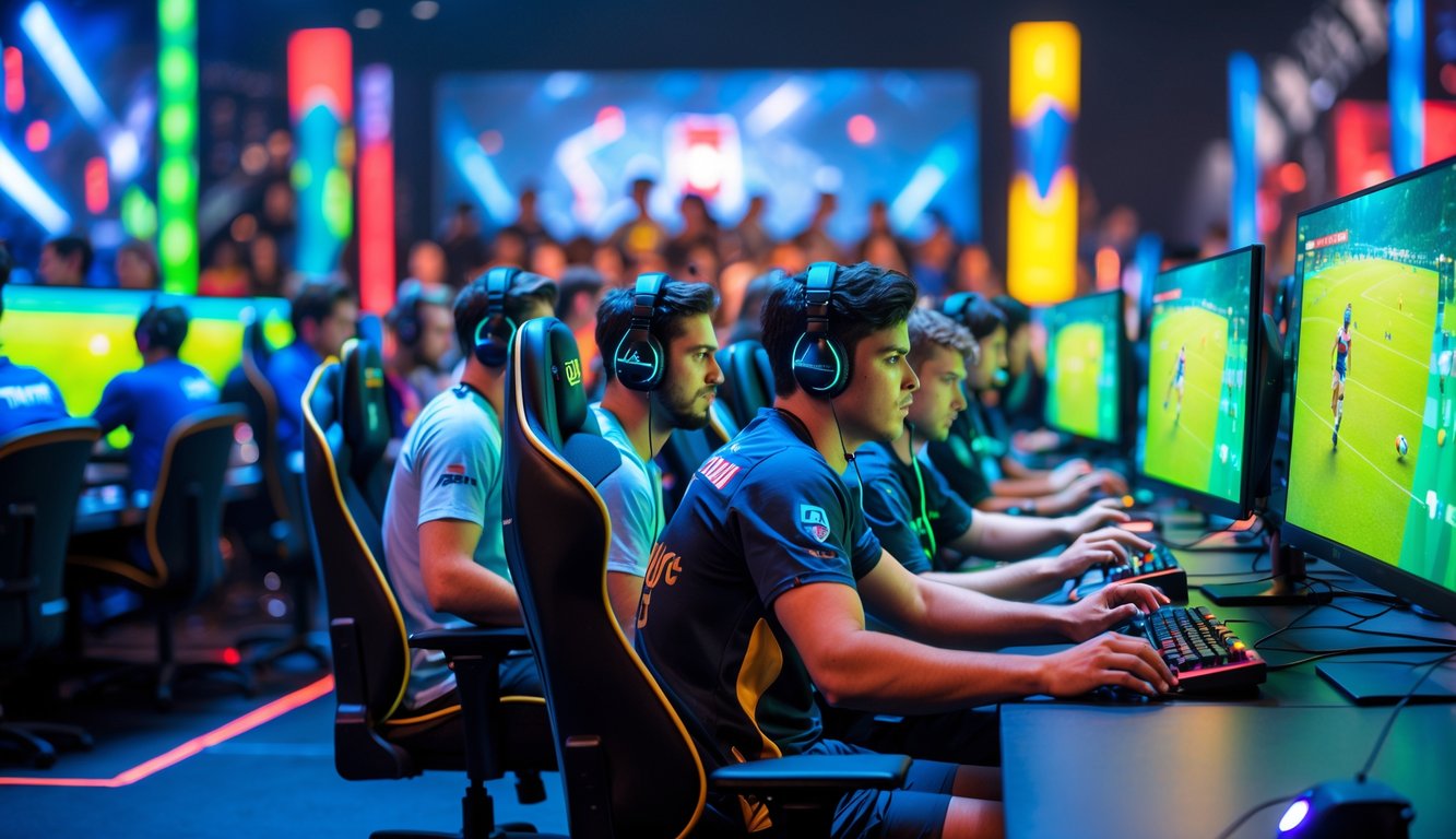 Sekelompok pemain muda sedang bermain game rugby esports di arena gaming dengan komputer dan monitor besar.