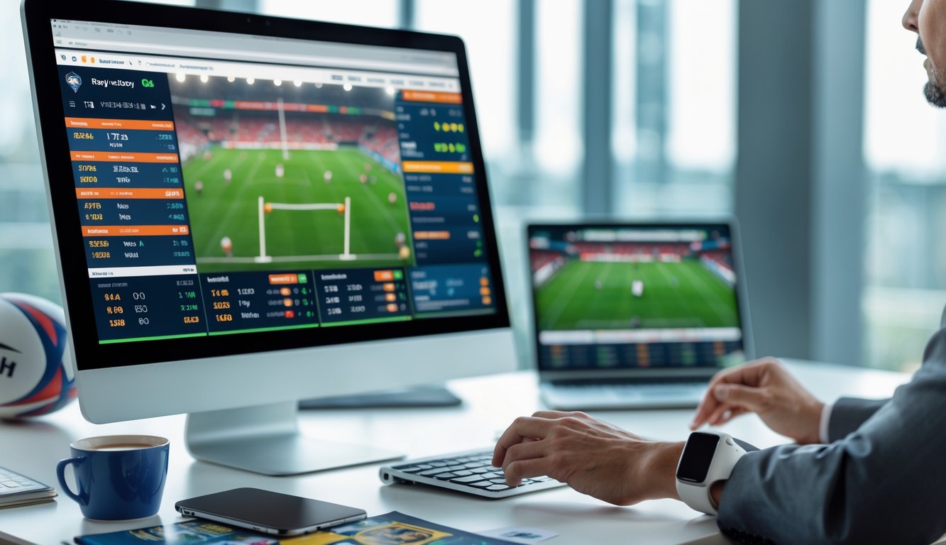 Seseorang duduk di depan komputer dengan tampilan data pertandingan rugby dan opsi taruhan online di layar, di meja terdapat bola rugby dan beberapa barang kerja.