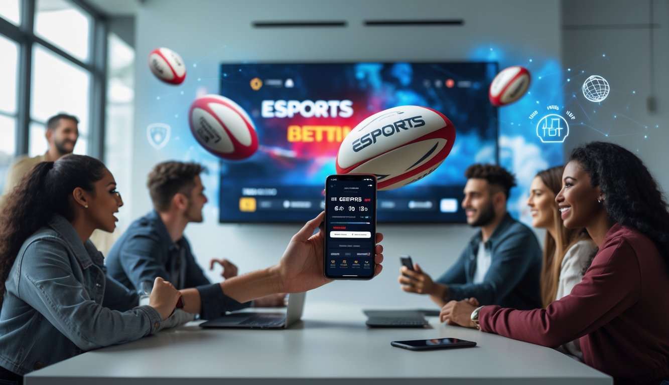 Sekelompok orang muda menonton pertandingan rugby esports di layar besar sambil menggunakan aplikasi taruhan di ponsel mereka.