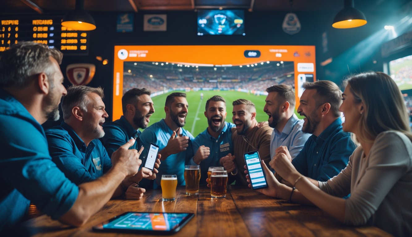 Sekelompok orang menonton pertandingan rugby secara langsung di sebuah bar olahraga sambil menggunakan aplikasi taruhan pada perangkat mereka.