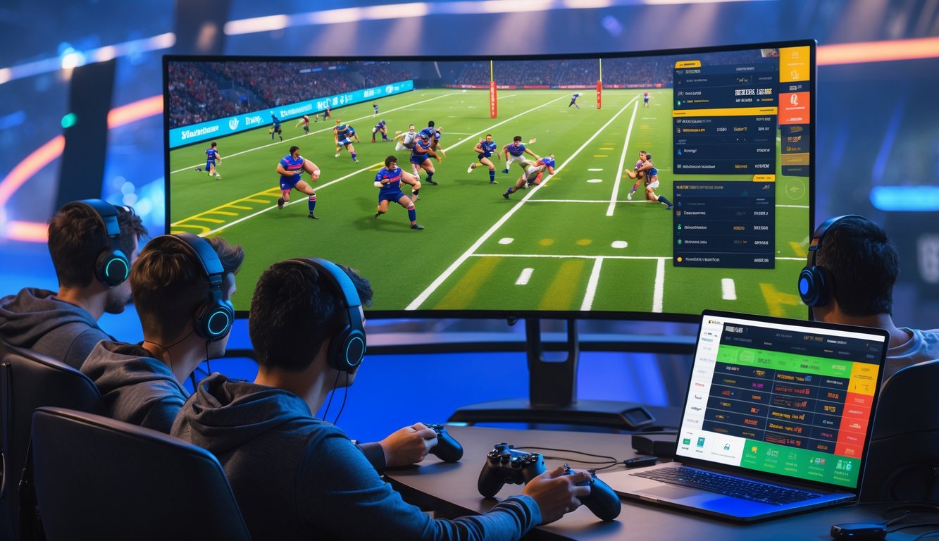 Sekelompok orang muda bermain dan menonton pertandingan rugby esports di depan layar besar dengan laptop yang menampilkan statistik taruhan.