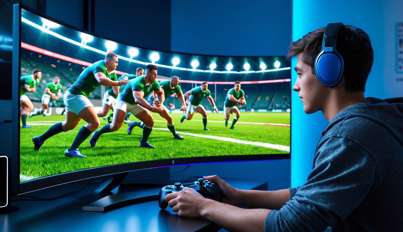 Seorang pria muda bermain permainan rugby virtual di depan monitor besar dengan suasana ruangan gaming modern.