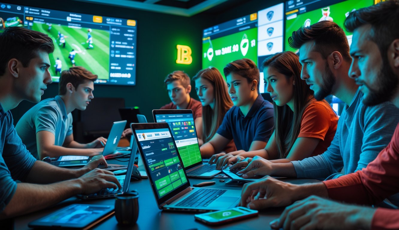 Sekelompok orang muda menggunakan perangkat digital untuk bertaruh pada pertandingan rugby esports di ruang permainan modern.