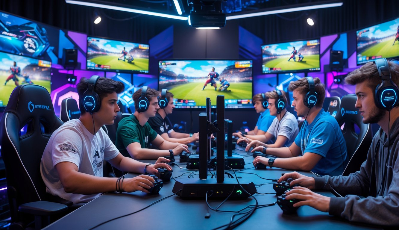 Sekelompok pemain muda sedang bermain game rugby esports dengan fokus di studio gaming modern.