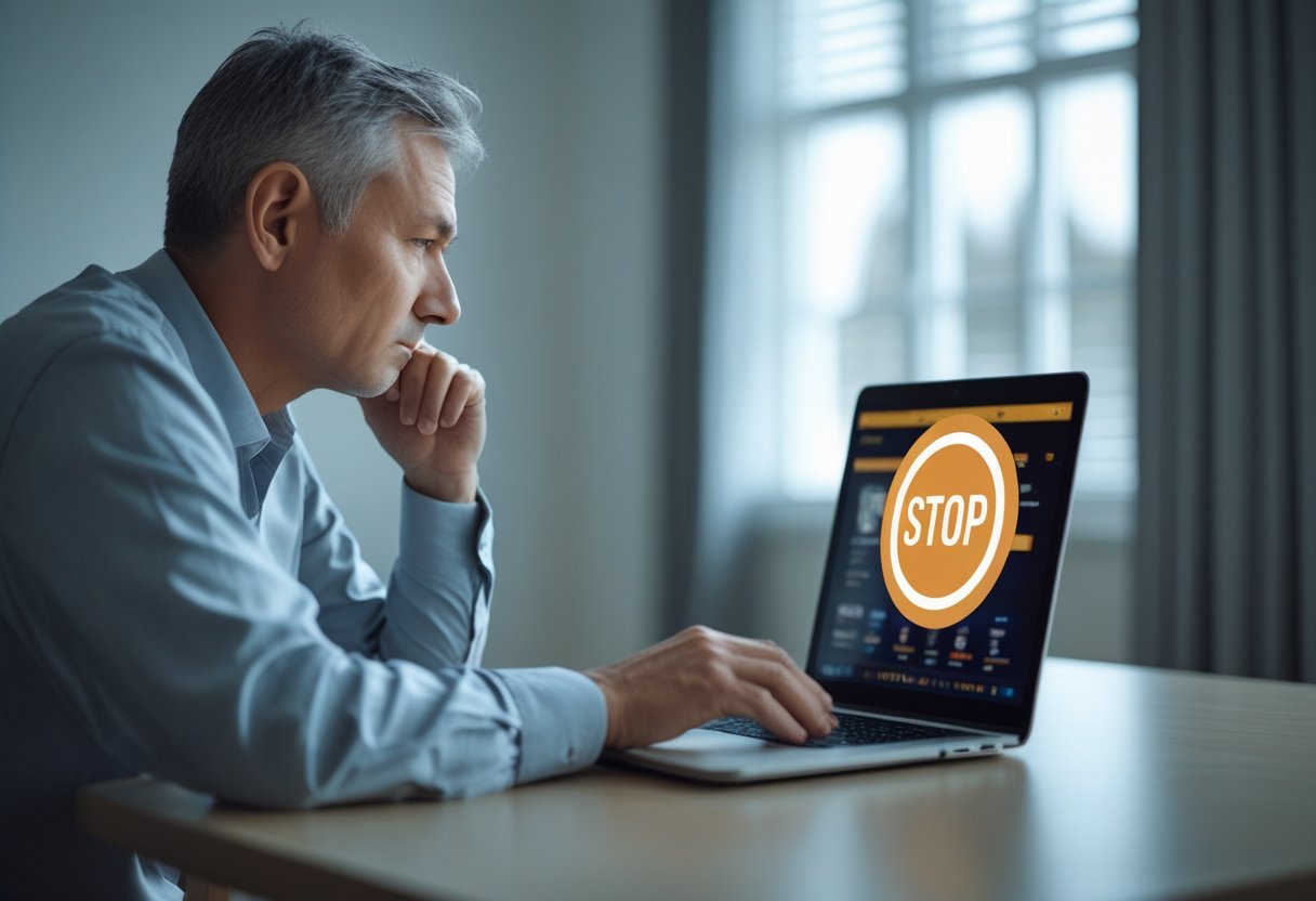 A person sitting alone at a table looking thoughtfully at a laptop displaying a gambling website with a stop icon on the screen.
