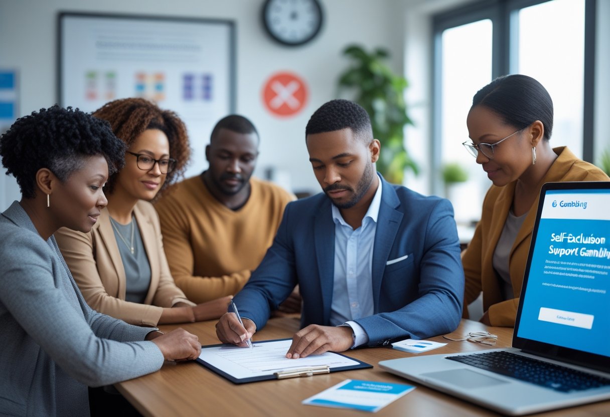 A group of adults in an office setting participating in a counseling session about self-exclusion from gambling, with one person filling out a form.