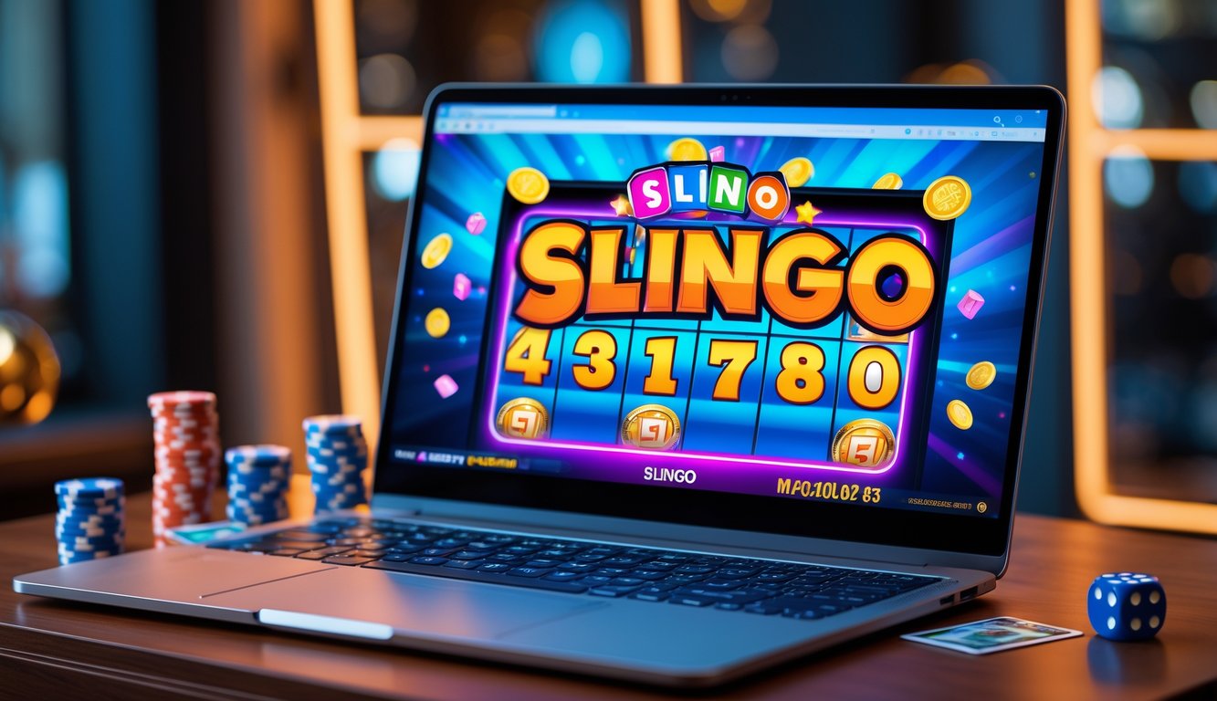 Sebuah komputer dengan permainan Slingo online yang menampilkan angka dan simbol kasino, dikelilingi oleh chip poker dan kartu remi di atas meja.
