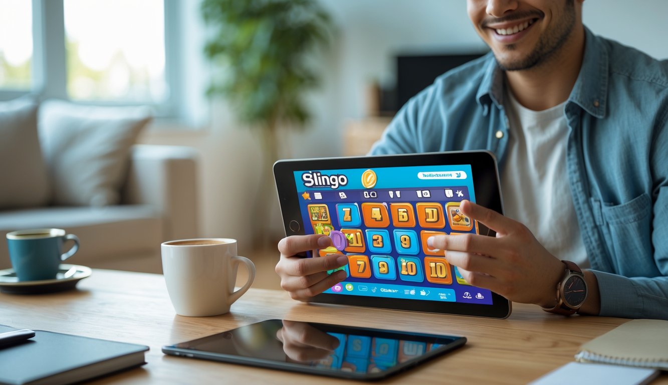 Seseorang memainkan permainan Slingo di tablet digital di ruang tamu yang terang dengan cahaya alami.