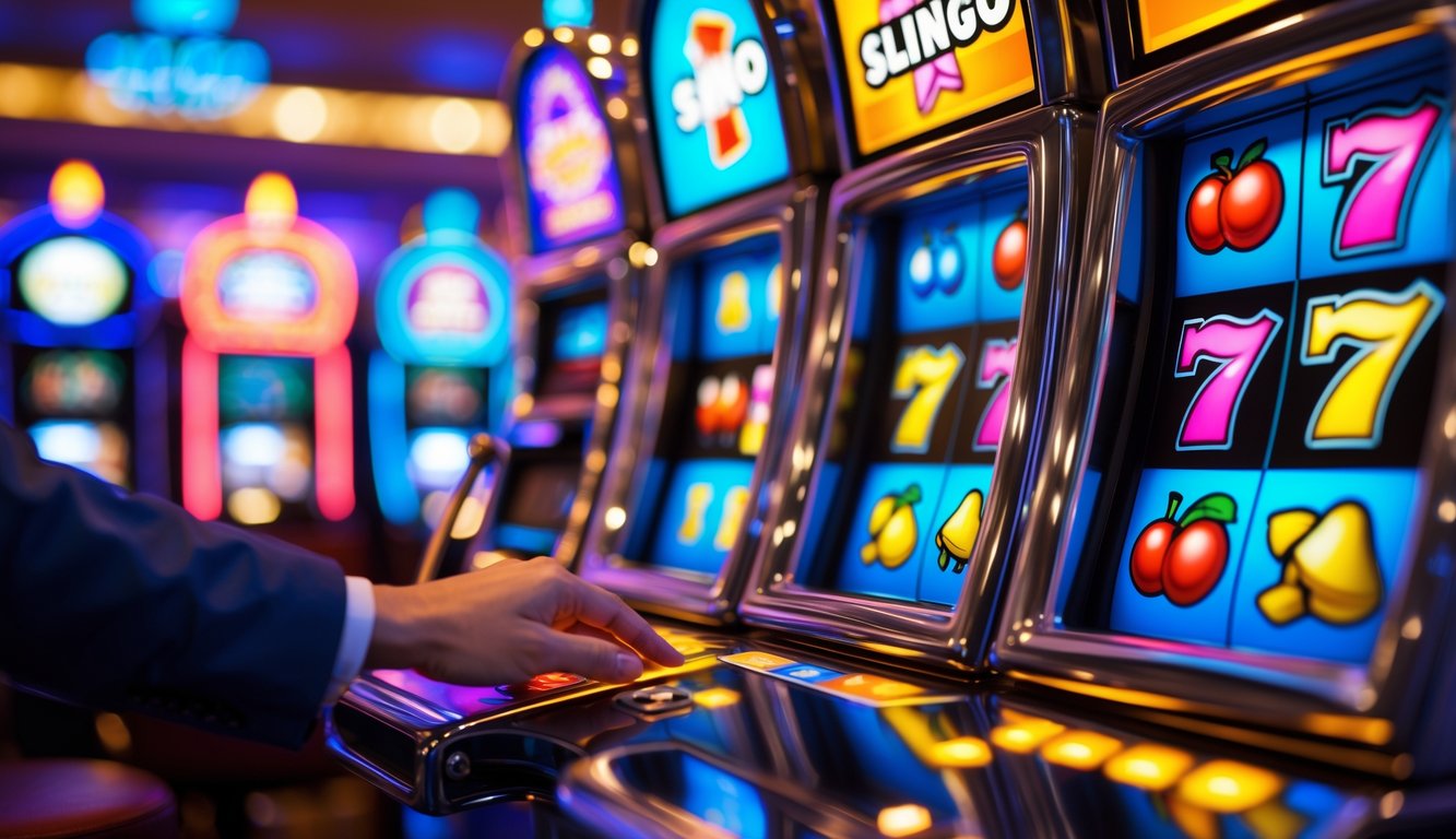 Sebuah mesin slot Slingo berwarna cerah di dalam kasino dengan tangan yang siap memutar tuas mesin.