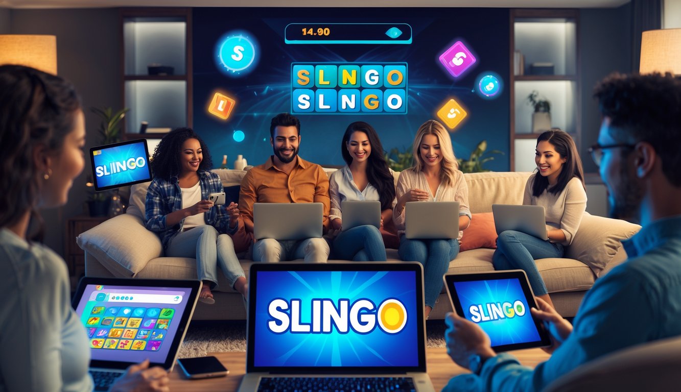 Sekelompok orang bermain game Slingo online menggunakan perangkat digital di ruang tamu yang nyaman.