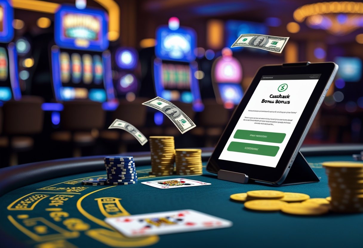 A casino table with poker chips, playing cards, and a digital tablet showing a cashback bonus concept, surrounded by blurred slot machines.