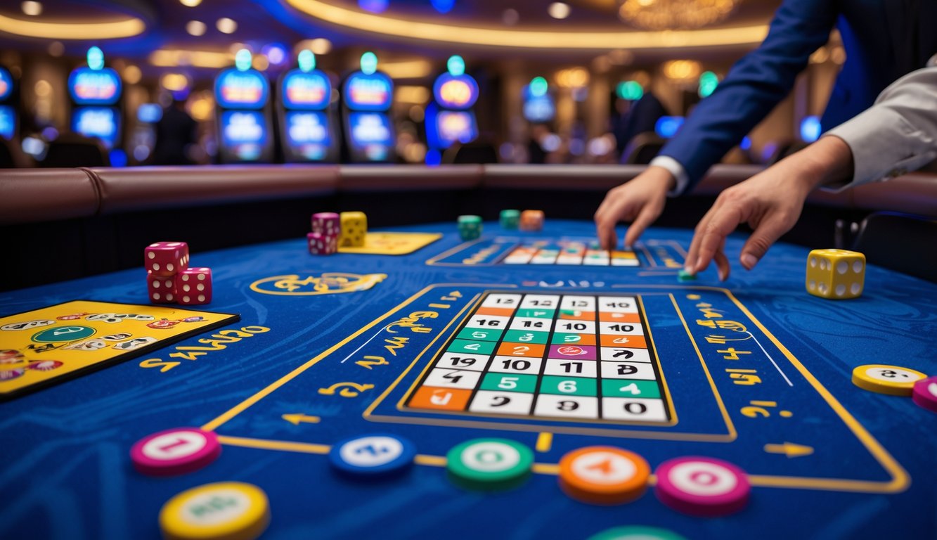 Meja permainan kasino dengan papan permainan Slingo dan beberapa chip warna-warni, di latar belakang terlihat suasana kasino dengan mesin slot dan pencahayaan hangat.