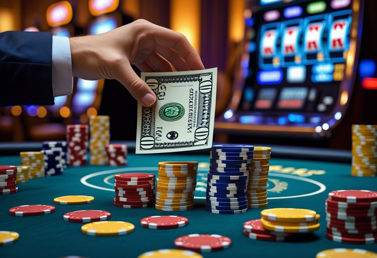 A close-up of a casino table with poker chips, playing cards, cash, and a hand receiving money from a dealer, with a slot machine in the background.